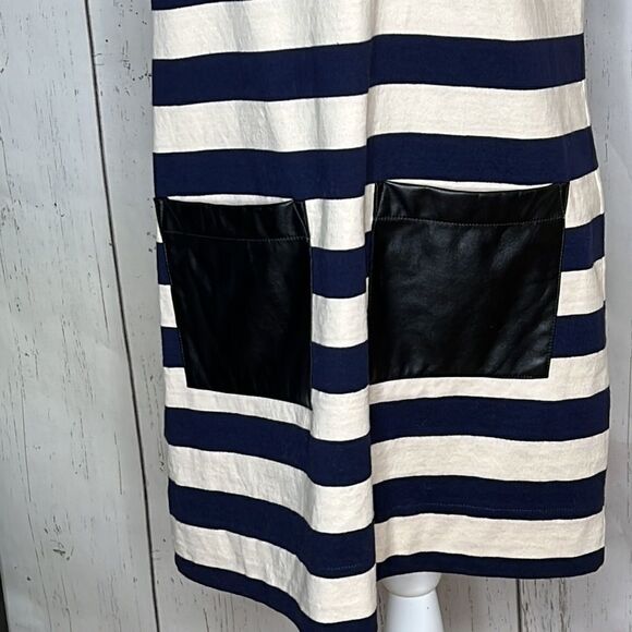 J. Crew Light Tan & Blue Striped Dress w/Faux Leather Pockets - Medium - Picture 3 of 7